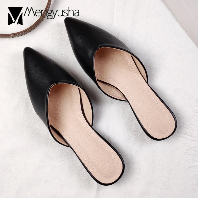 Women's Genuine Leather Pointed-Toe Mules – Slip-On Cover Toe Anti-Slip Casual Shoes