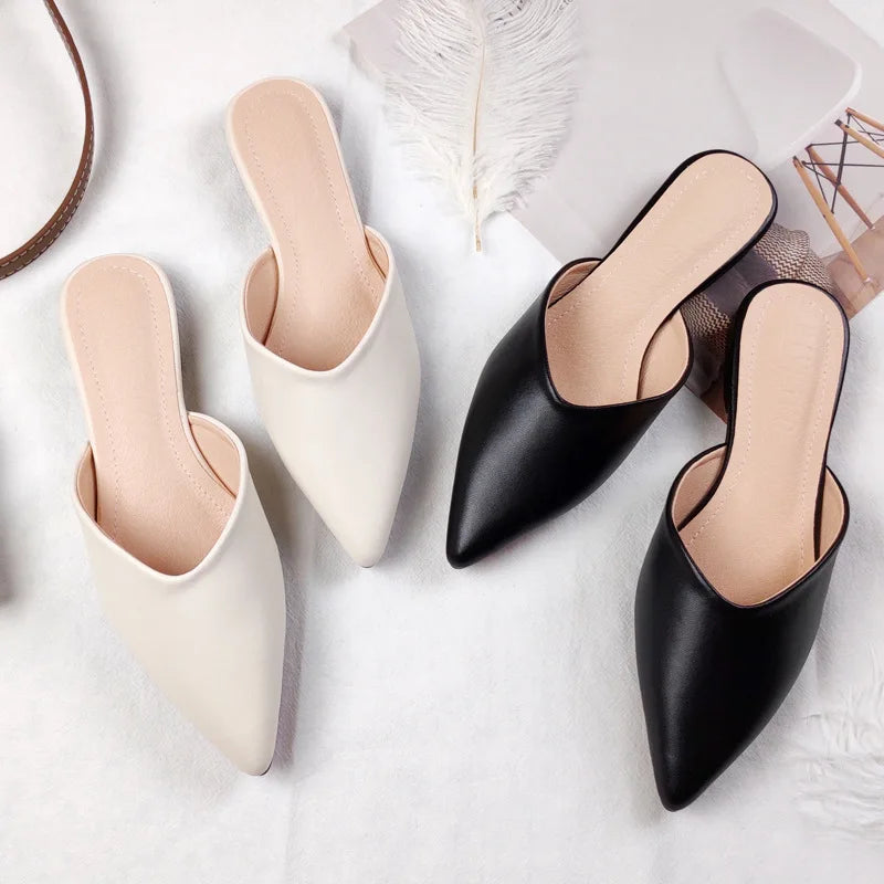 Women's Genuine Leather Pointed-Toe Mules – Slip-On Cover Toe Anti-Slip Casual Shoes