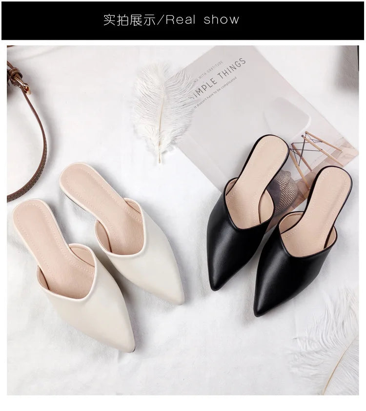 Women's Genuine Leather Pointed-Toe Mules – Slip-On Cover Toe Anti-Slip Casual Shoes