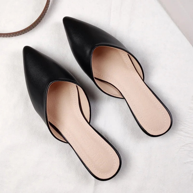 Women's Genuine Leather Pointed-Toe Mules – Slip-On Cover Toe Anti-Slip Casual Shoes