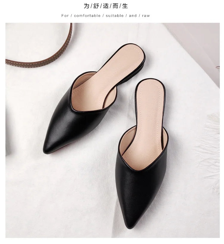 Women's Genuine Leather Pointed-Toe Mules – Slip-On Cover Toe Anti-Slip Casual Shoes