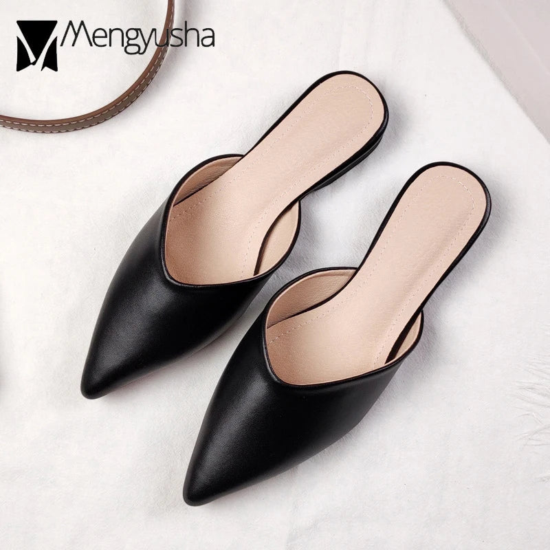 Women's Genuine Leather Pointed-Toe Mules – Slip-On Cover Toe Anti-Slip Casual Shoes