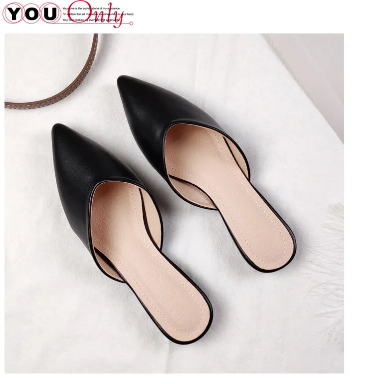 Women's Genuine Leather Pointed-Toe Mules – Slip-On Cover Toe Anti-Slip Casual Shoes