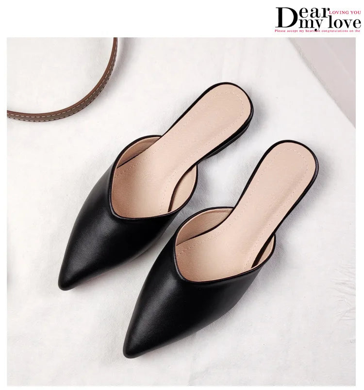 Women's Genuine Leather Pointed-Toe Mules – Slip-On Cover Toe Anti-Slip Casual Shoes