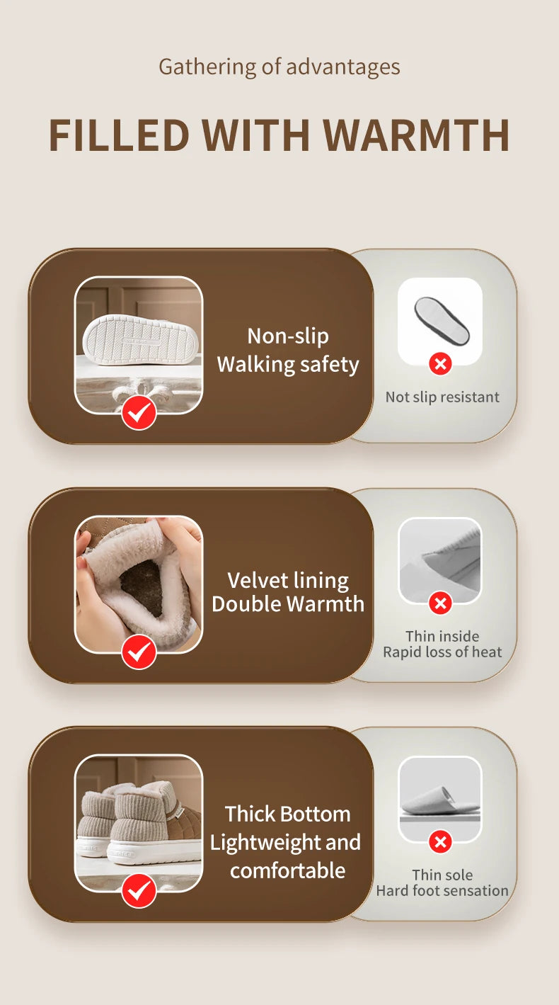 Winter Warm Cotton Slippers – Thick-Soled Fleece-Lined Non-Slip Outdoor Shoes
