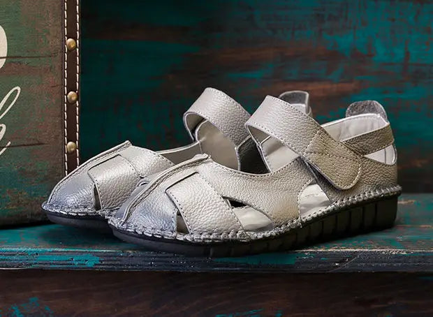 Women's Mary Jane Leather Shoes – Hollow-Out Closed-Toe Summer Sandals, Sizes 35–42