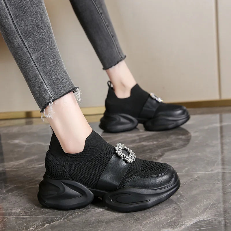 Women's Platform Rhinestone Sneakers – Spring Summer Fashion Slip-On Sports Casual Shoes, Breathable Mesh Walking Sneakers for Women