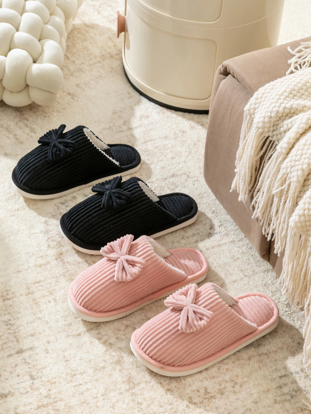 Women's Bow Slippers – Soft Warm Indoor House Shoes for Fall & Winter