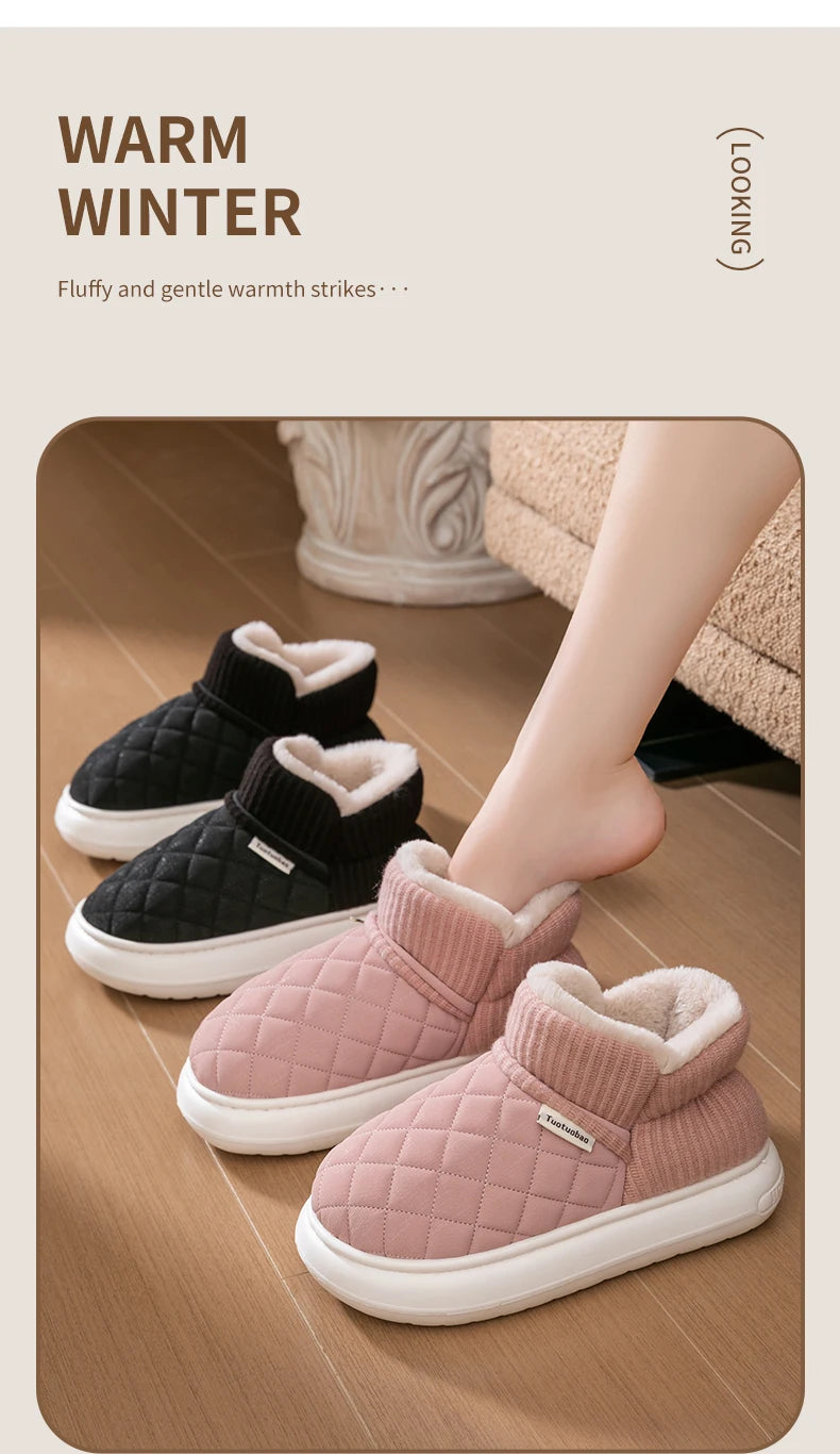 Winter Warm Cotton Slippers – Thick-Soled Fleece-Lined Non-Slip Outdoor Shoes
