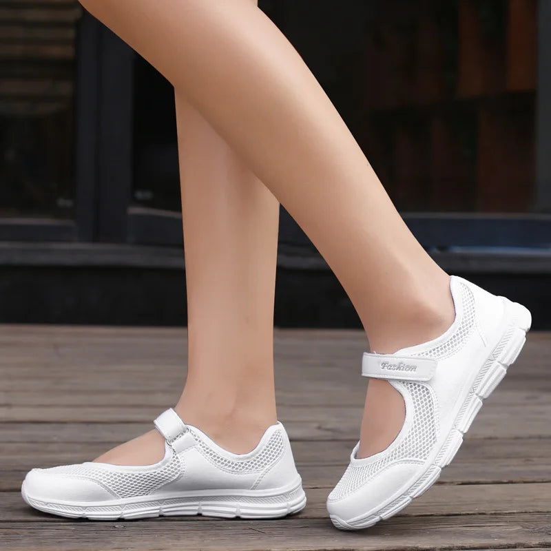 Women's White Mesh Sneakers – Breathable Vulcanized Casual Walking Shoes