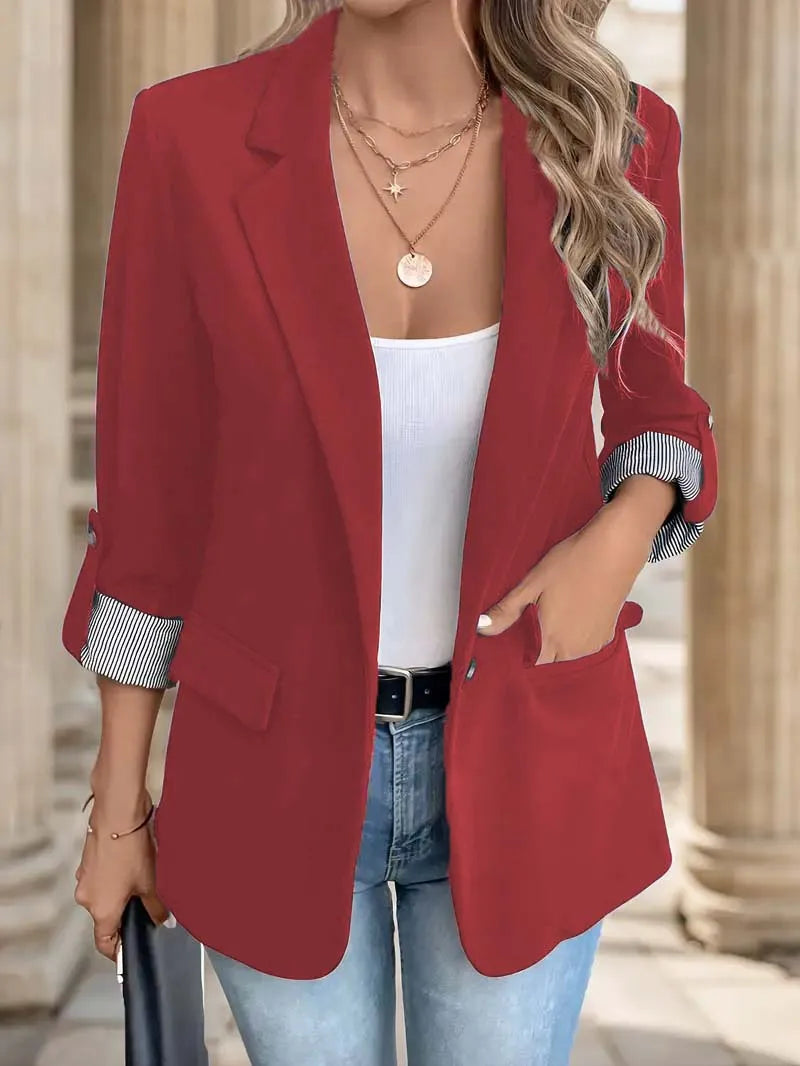 Women's Slim-Fit Button-Up Jacket – Casual Rolled-Sleeve Fashion Blazer