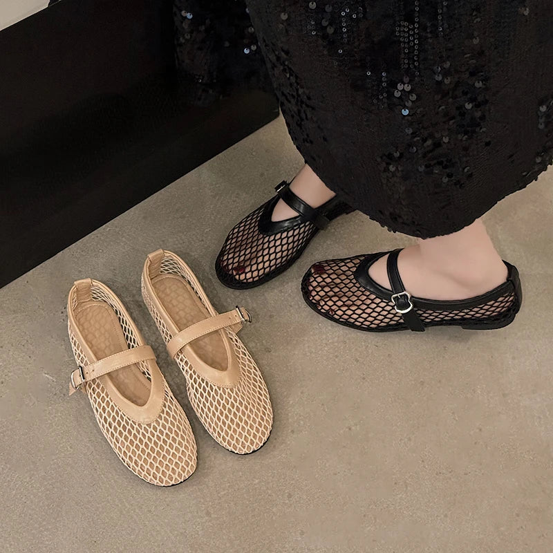 Women's Cut-Out Mary Jane Flats – Round Toe Casual Fishnet Shoes