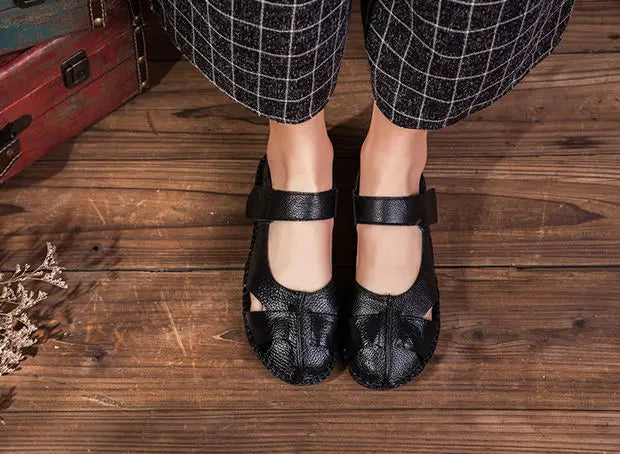 Women's Mary Jane Leather Shoes – Hollow-Out Closed-Toe Summer Sandals, Sizes 35–42