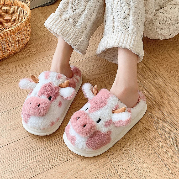 Women's Fluffy Cow Slippers – Cute Cartoon Plush Winter Platform House Shoes