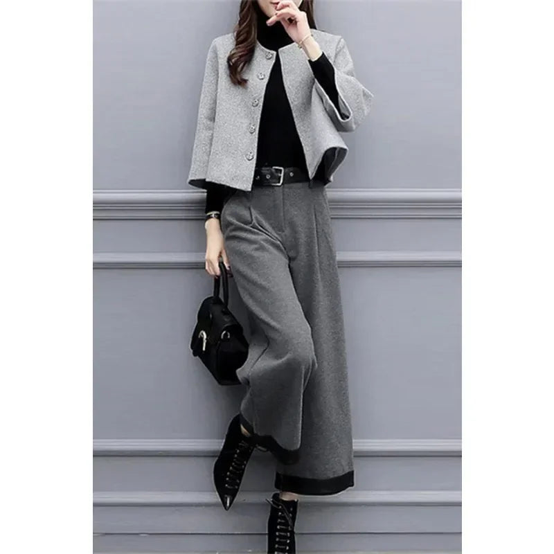 Women's Winter Tweed Pants Set – Elegant Short Jacket & Wide-Leg Trousers 2-Piece Outfit