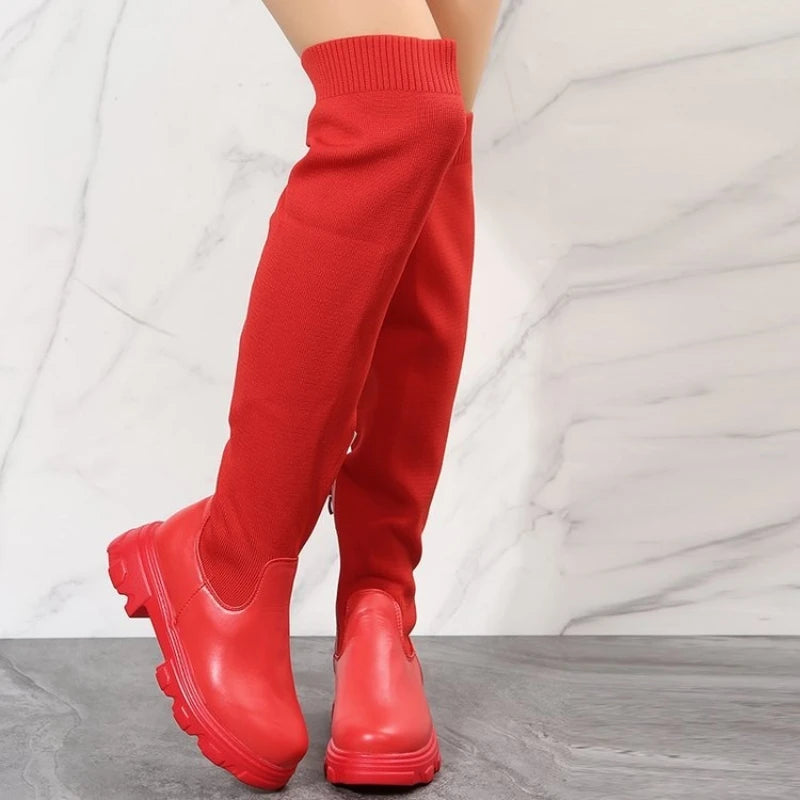 Women's Over-the-Knee Platform Boots – Stretch Sock Boots with Thick Heel