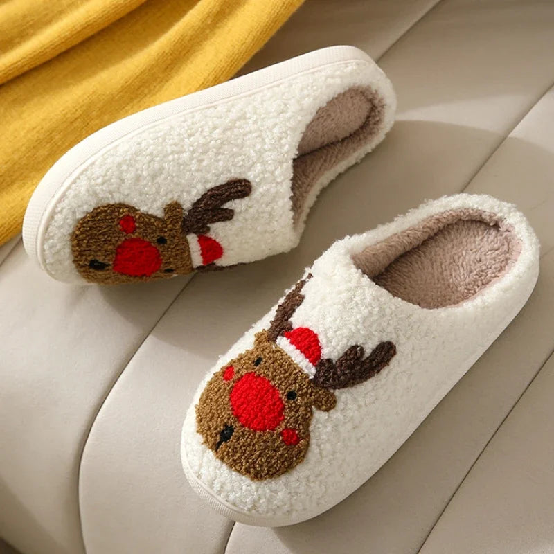 Christmas Reindeer Slippers for Men & Women – Warm Plush Non-Slip Winter House Shoes