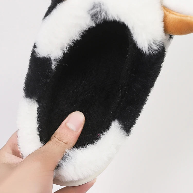 Women's Fluffy Cow Slippers – Cute Cartoon Plush Winter Platform House Shoes
