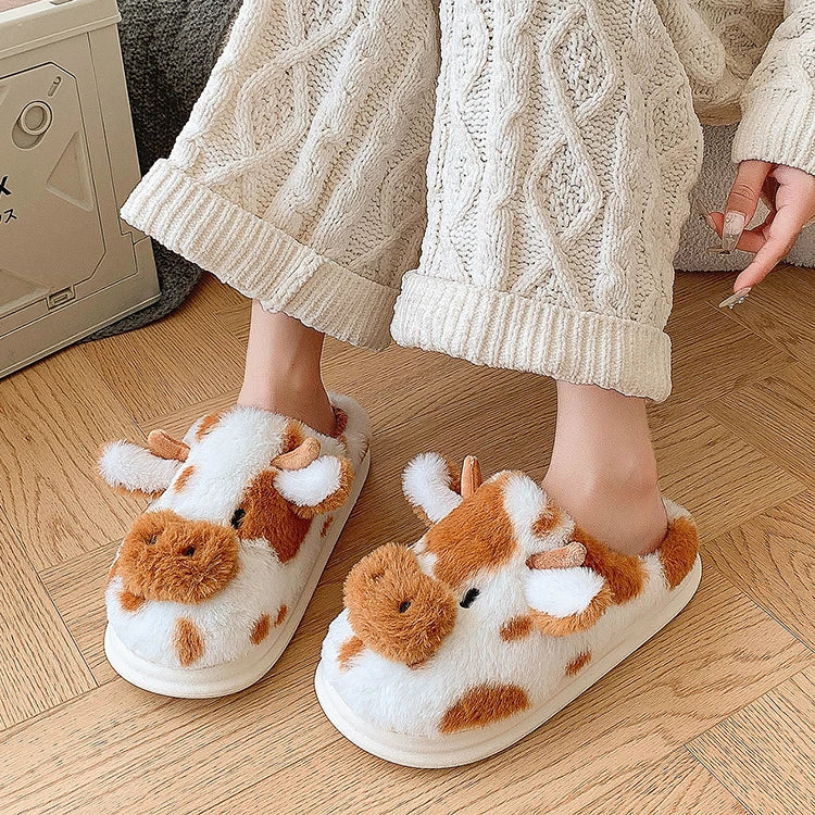 Women's Fluffy Cow Slippers – Cute Cartoon Plush Winter Platform House Shoes