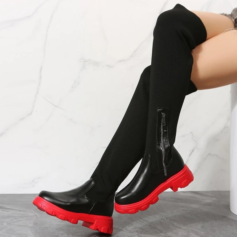 Women's Over-the-Knee Platform Boots – Stretch Sock Boots with Thick Heel