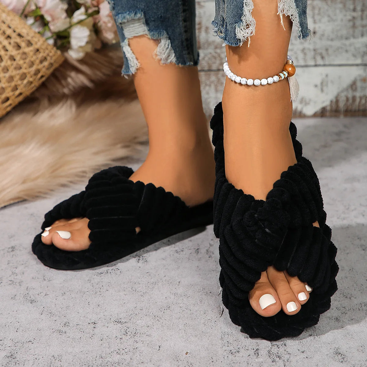 Women's Corduroy Plush Slippers – Warm Winter Cross-Strap Indoor Home Slides