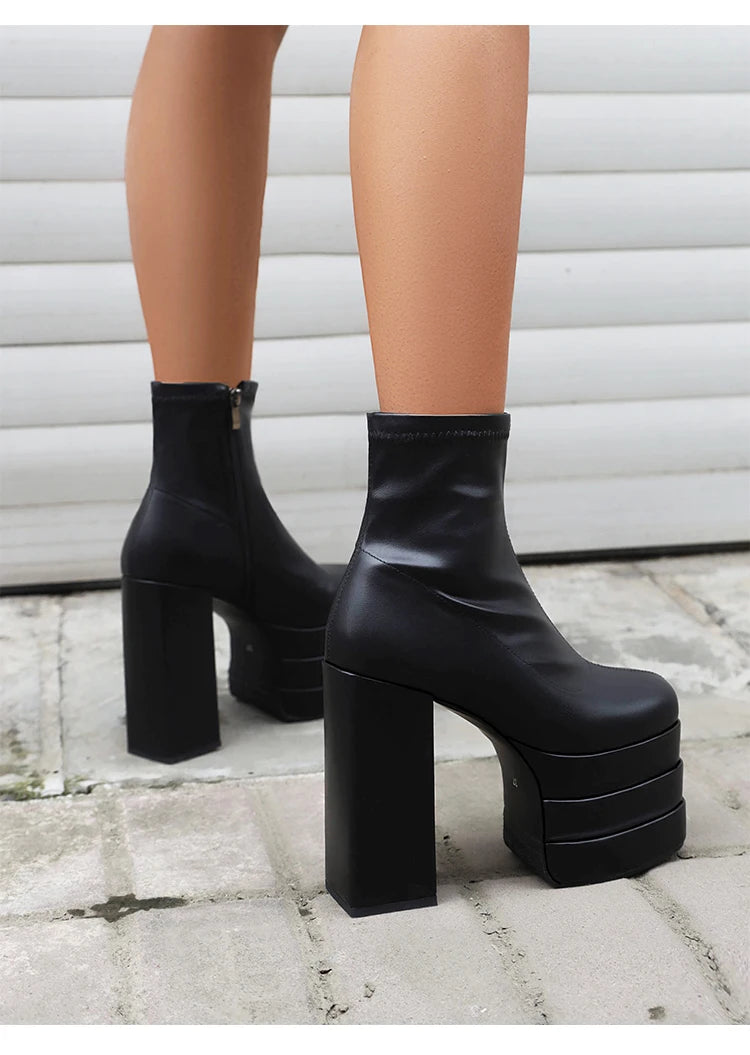 Women's Ultra-High Platform Ankle Boots – Square Toe Hollow-Out Chunky Heel Shoes