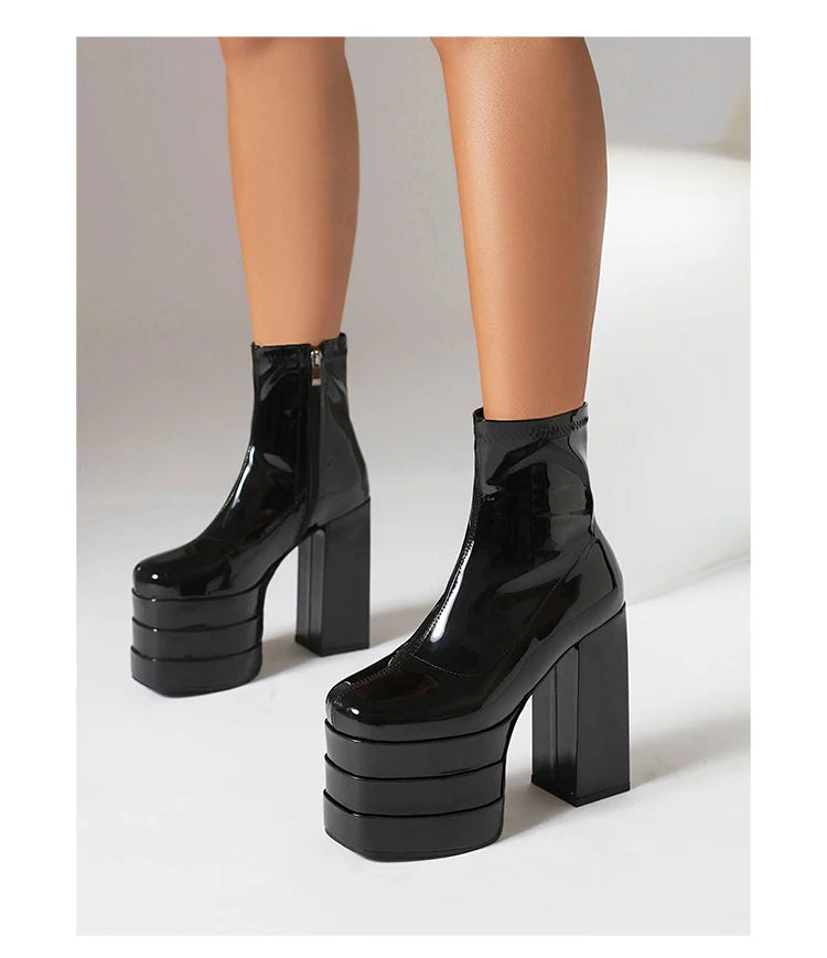 Women's Ultra-High Platform Ankle Boots – Square Toe Hollow-Out Chunky Heel Shoes