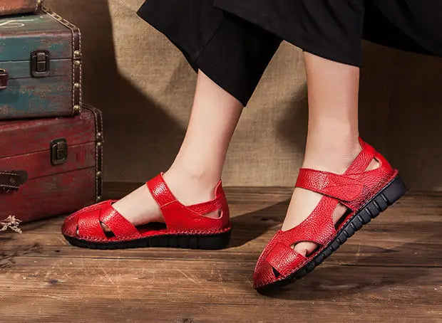 Women's Mary Jane Leather Shoes – Hollow-Out Closed-Toe Summer Sandals, Sizes 35–42