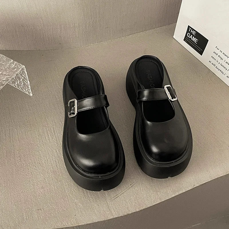 Platform Mules Shoes Women Slingback Slippers Shoe Spring Autumn New Casual Walking Chunky High Heels Buckle Ladies Half Slipper