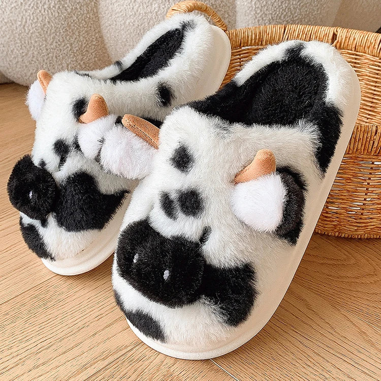 Women's Fluffy Cow Slippers – Cute Cartoon Plush Winter Platform House Shoes