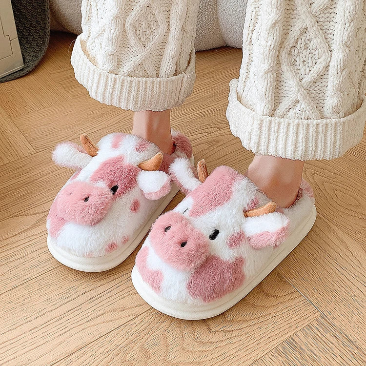 Women's Fluffy Cow Slippers – Cute Cartoon Plush Winter Platform House Shoes