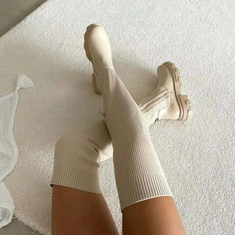Women's Over-the-Knee Platform Boots – Stretch Sock Boots with Thick Heel