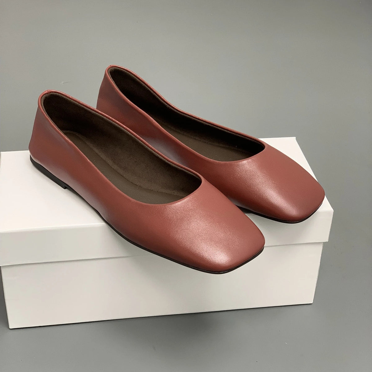 Women's Genuine Leather Ballet Flats – Square Toe Slip-On Designer Casual Shoes