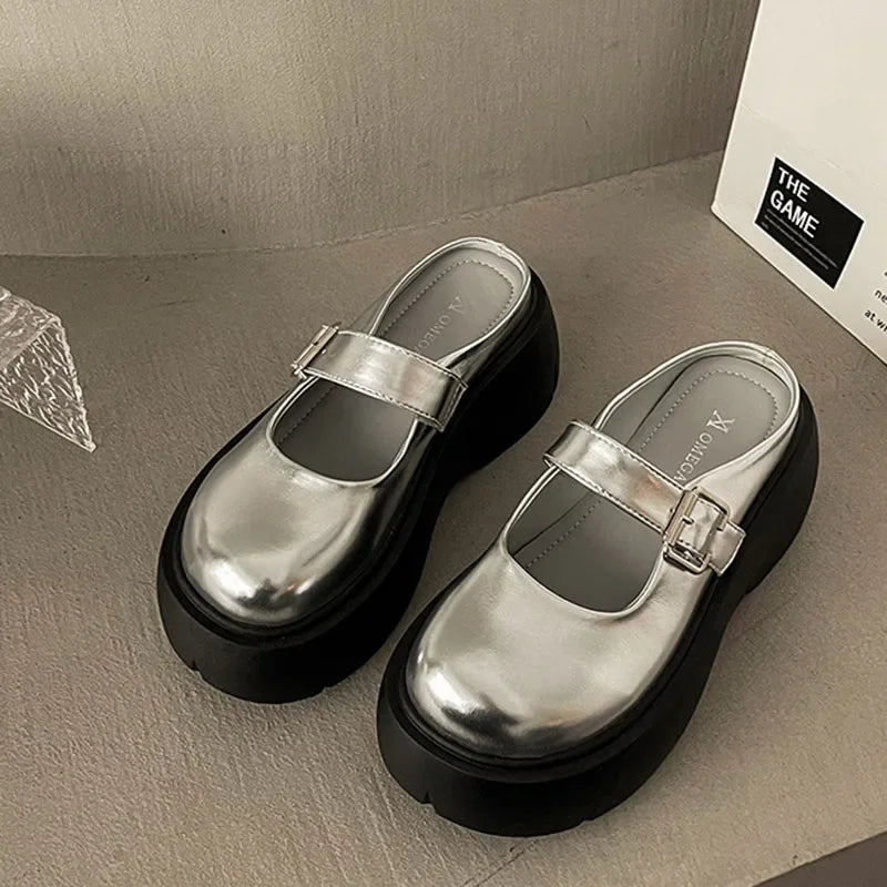 Platform Mules Shoes Women Slingback Slippers Shoe Spring Autumn New Casual Walking Chunky High Heels Buckle Ladies Half Slipper