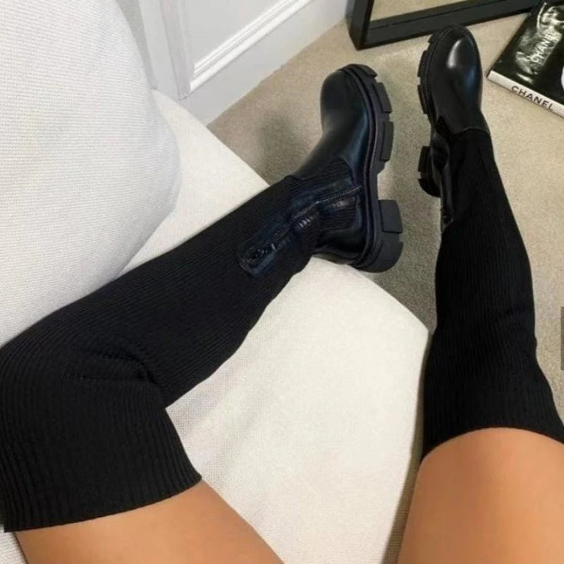 Women's Over-the-Knee Platform Boots – Stretch Sock Boots with Thick Heel