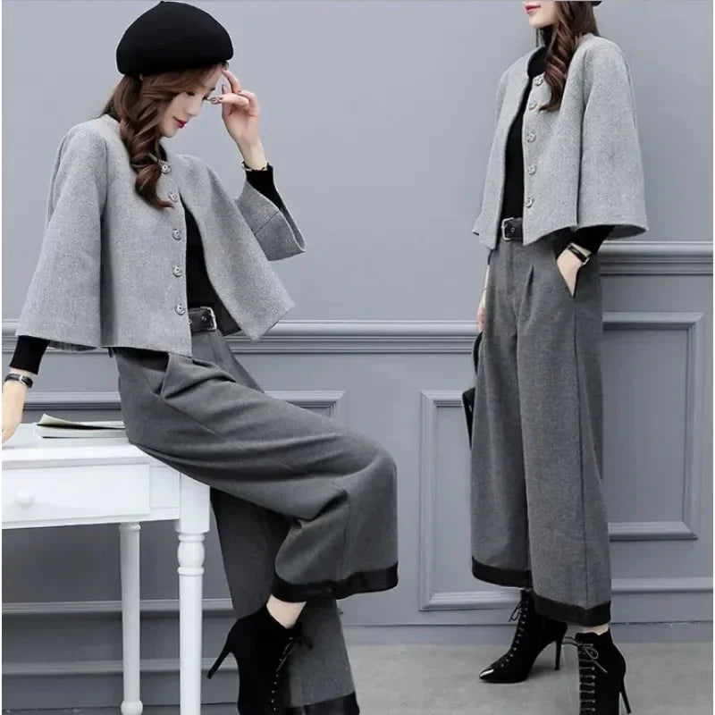 Women's Winter Tweed Pants Set – Elegant Short Jacket & Wide-Leg Trousers 2-Piece Outfit