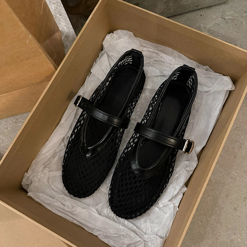 Women's Cut-Out Mary Jane Flats – Round Toe Casual Fishnet Shoes