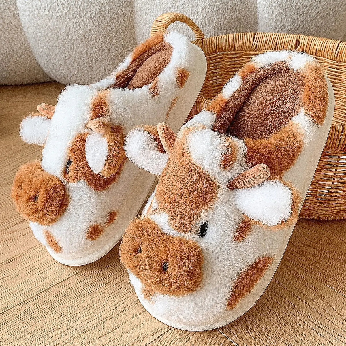 Women's Fluffy Cow Slippers – Cute Cartoon Plush Winter Platform House Shoes