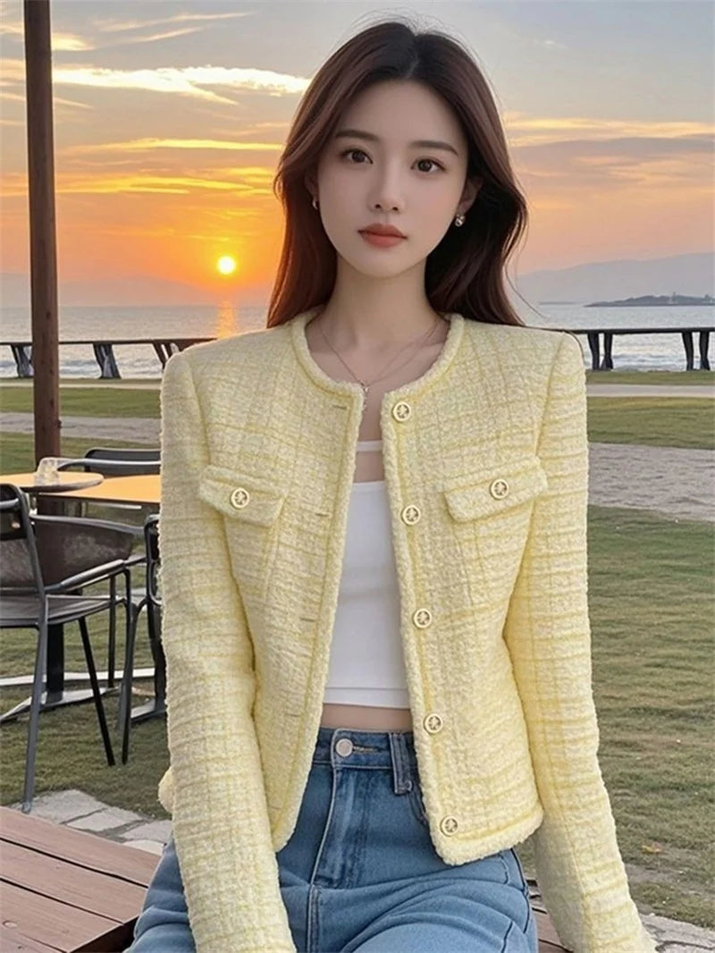 Women's Elegant Fragrance Jacket – O-Neck Long Sleeve Single-Breasted Short Outerwear