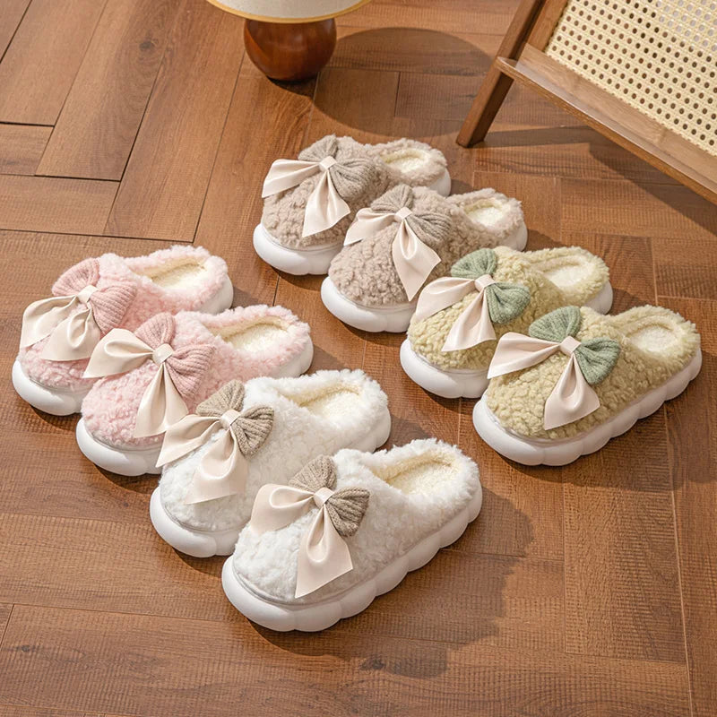 Women's Winter Fur Slippers – Cute Bow Plush Non-Slip House Shoes