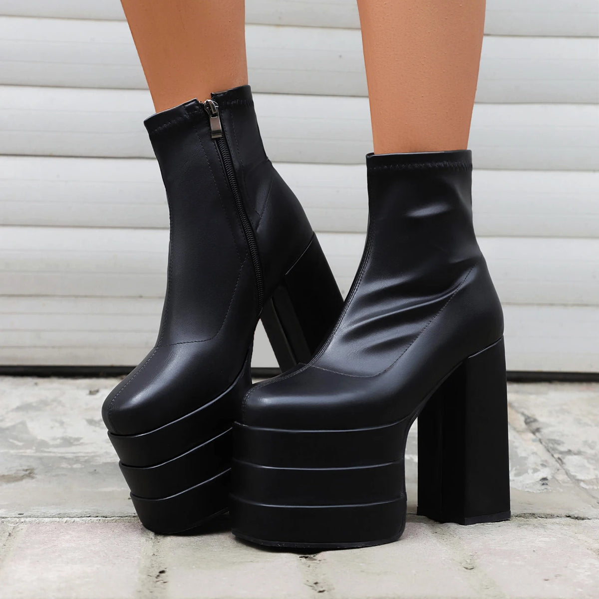 Women's Ultra-High Platform Ankle Boots – Square Toe Hollow-Out Chunky Heel Shoes