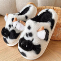 Women's Fluffy Cow Slippers – Cute Cartoon Plush Winter Platform House Shoes