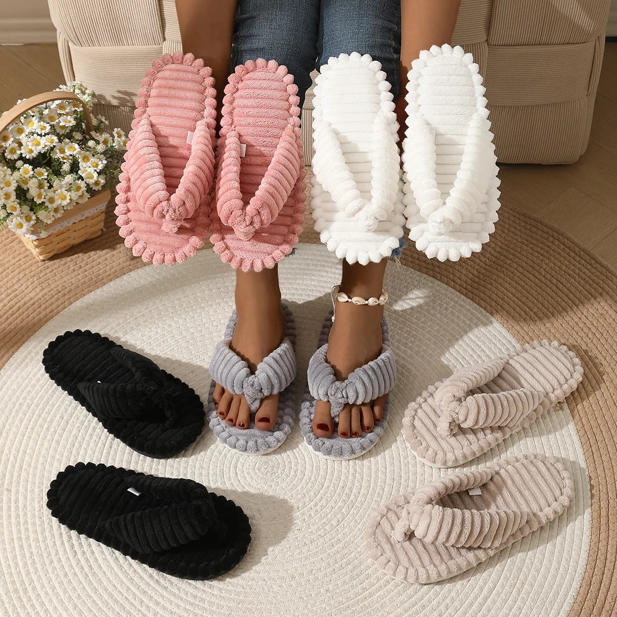 Women's Corduroy Plush Slippers – Warm Winter Flip-Flop House Shoes