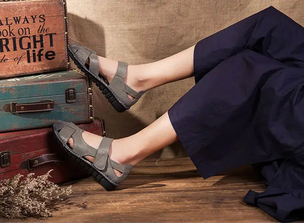Women's Mary Jane Leather Shoes – Hollow-Out Closed-Toe Summer Sandals, Sizes 35–42