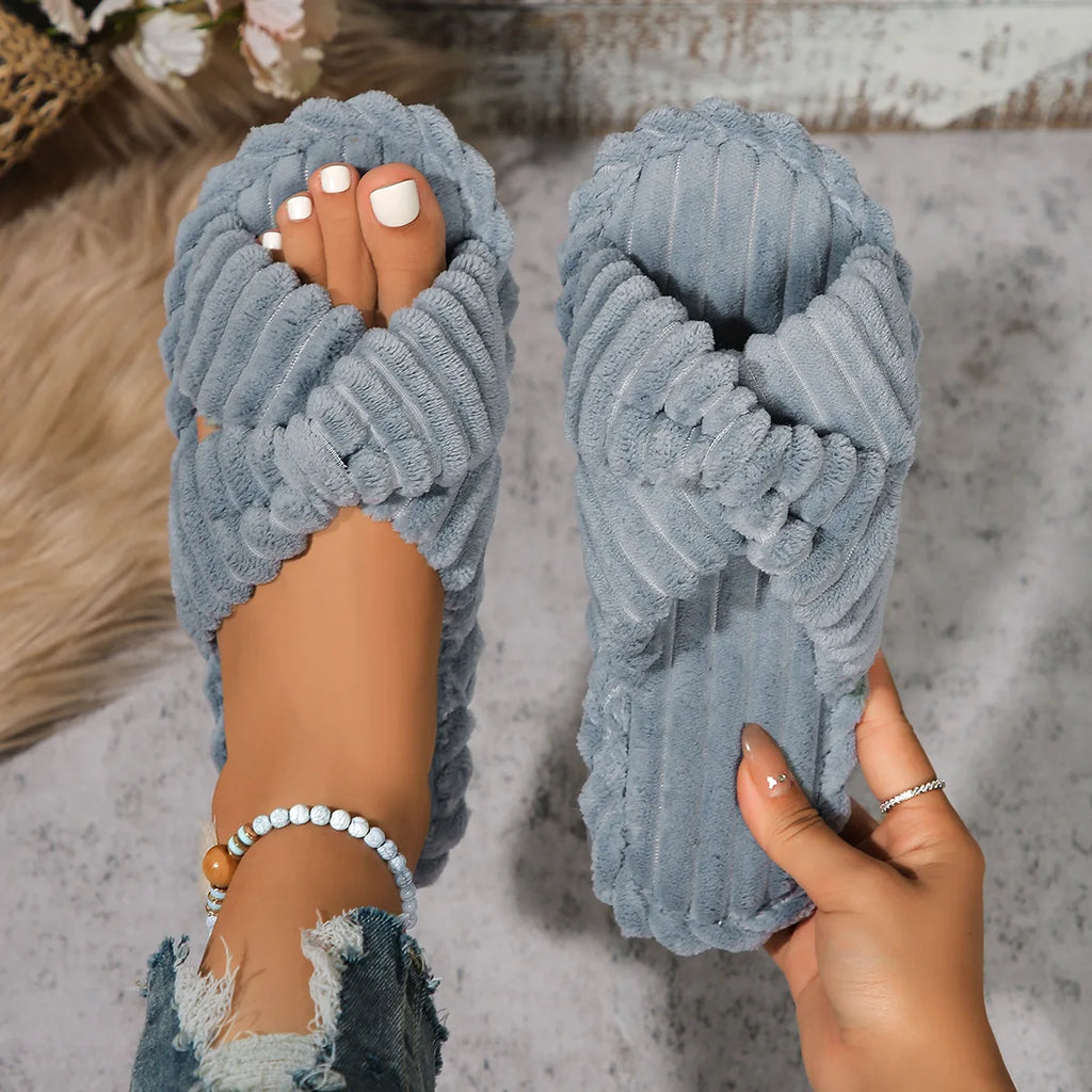Women's Corduroy Plush Slippers – Warm Winter Cross-Strap Indoor Home Slides