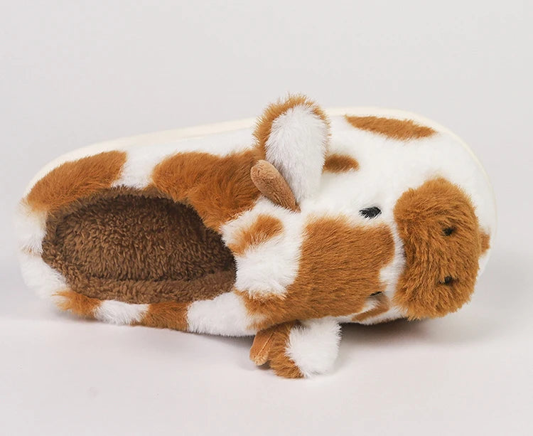 Women's Fluffy Cow Slippers – Cute Cartoon Plush Winter Platform House Shoes