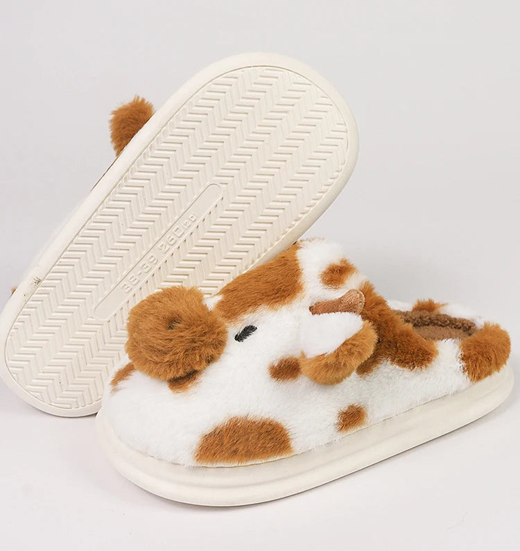 Women's Fluffy Cow Slippers – Cute Cartoon Plush Winter Platform House Shoes