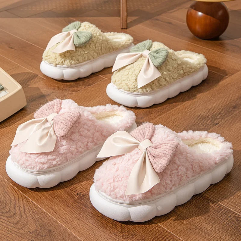 Women's Winter Fur Slippers – Cute Bow Plush Non-Slip House Shoes