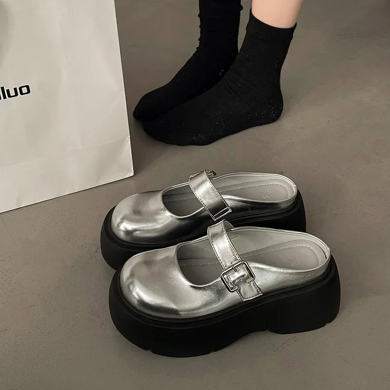Platform Mules Shoes Women Slingback Slippers Shoe Spring Autumn New Casual Walking Chunky High Heels Buckle Ladies Half Slipper
