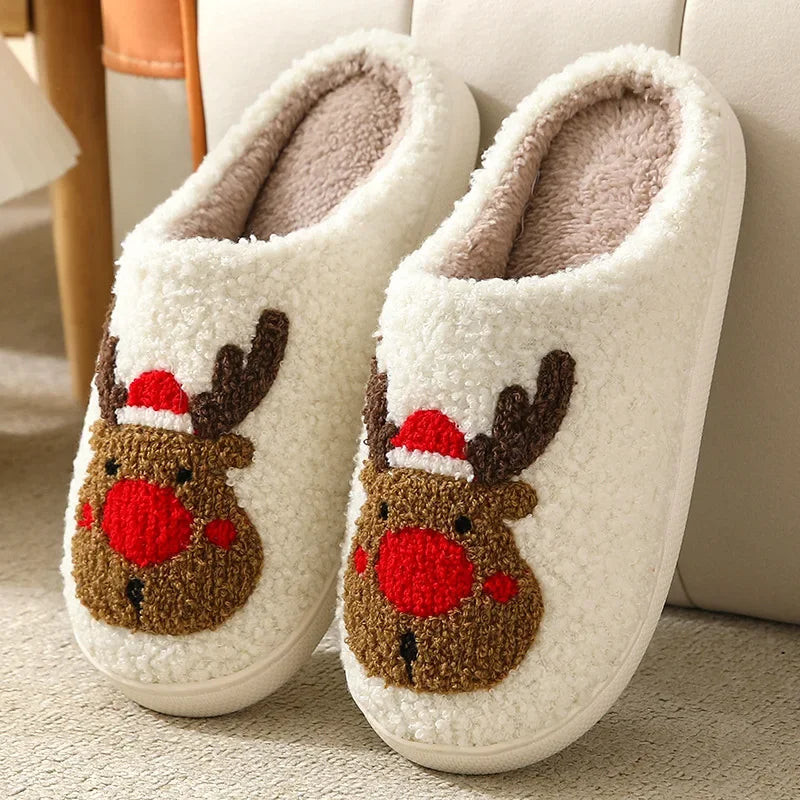 Christmas Reindeer Slippers for Men & Women – Warm Plush Non-Slip Winter House Shoes